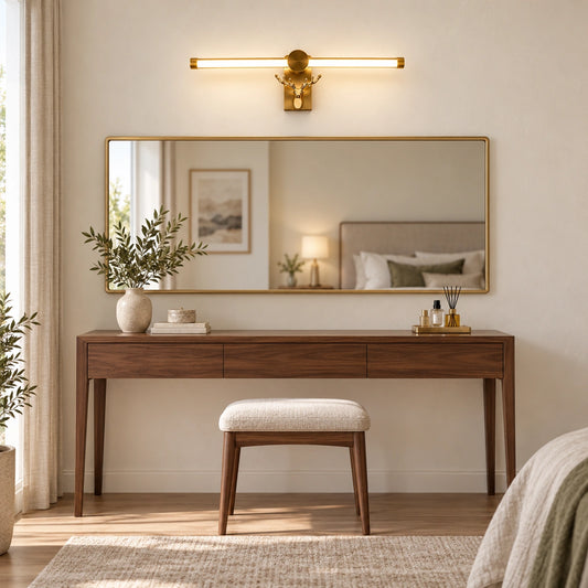 Gold 1091 deer-mount light above a dressing mirror — illustrative wider-room scene; not a measured installation