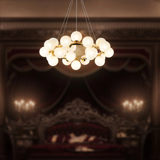Clustered globe ring chandelier in a formal interior