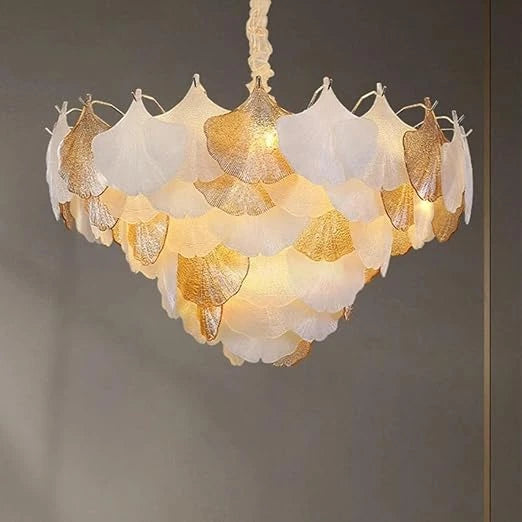 Golden Leaf petal chandelier illuminated