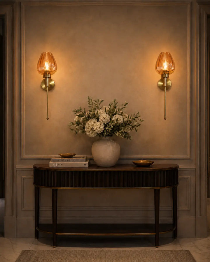 Aurora Tulip Wall Sconce — Antique Brass & Amber Fluted Glass (Pack of 2) - Bliss and Birch