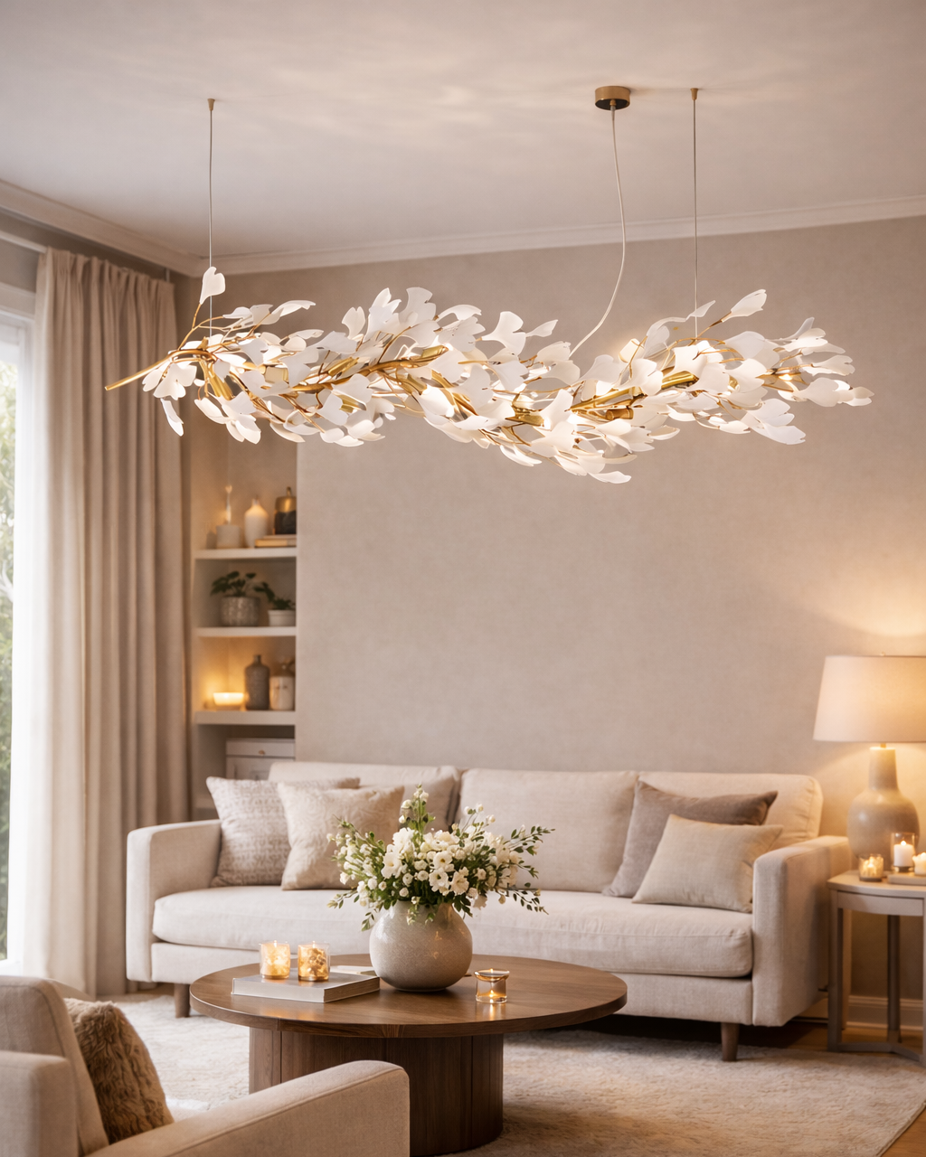 Aurora Bloom Linear Leaf Chandelier – Gold & White (1800mm)
