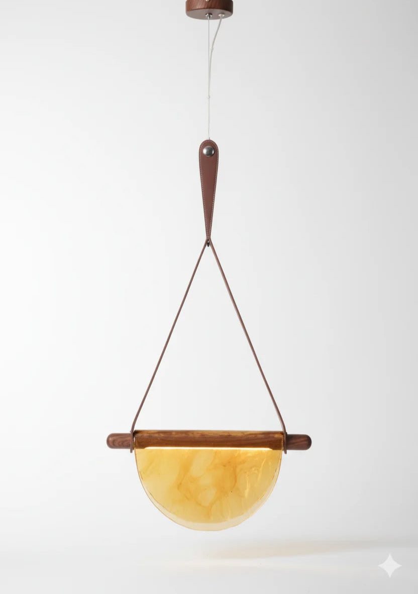 B&B Modern Leather Strap Pendant Light | Golden Half-Moon Glass Hanging Lamp