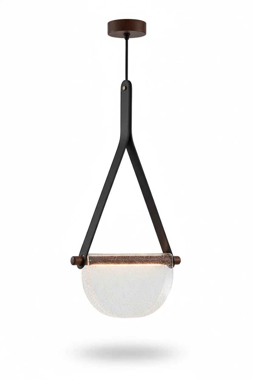 B&B Modern Leather Strap Pendant Light | Golden Half-Moon Glass Hanging Lamp