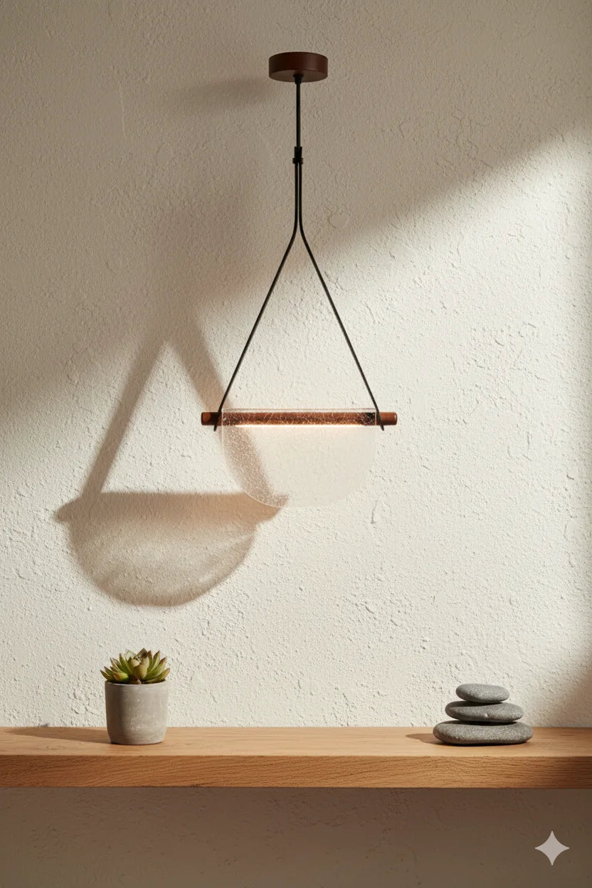 B&B Modern Leather Strap Pendant Light | Golden Half-Moon Glass Hanging Lamp