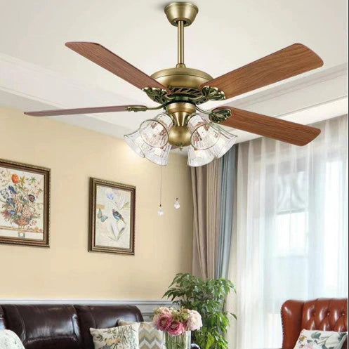 B&B Vintage Ceiling Fan with Light Kit – 5 Wooden Blades & Glass Shade Lamps