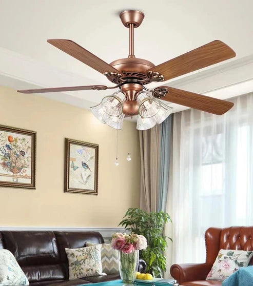 B&B Vintage Ceiling Fan with Light Kit – 5 Wooden Blades & Glass Shade Lamps