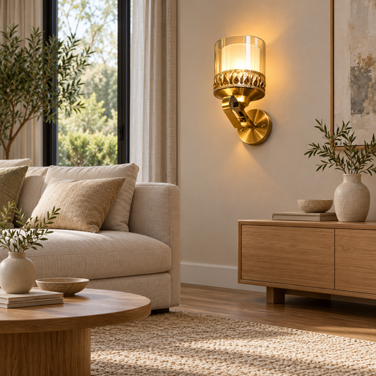 Double glass gold band wall light shown beside a neutral sofa and an oak cabinet in a furnished living room