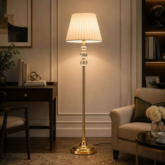 Crystal Globe Floor Lamp – Stacked Faceted Crystal with Antique Brass Pole & Pleated Linen Shade - Bliss and Birch