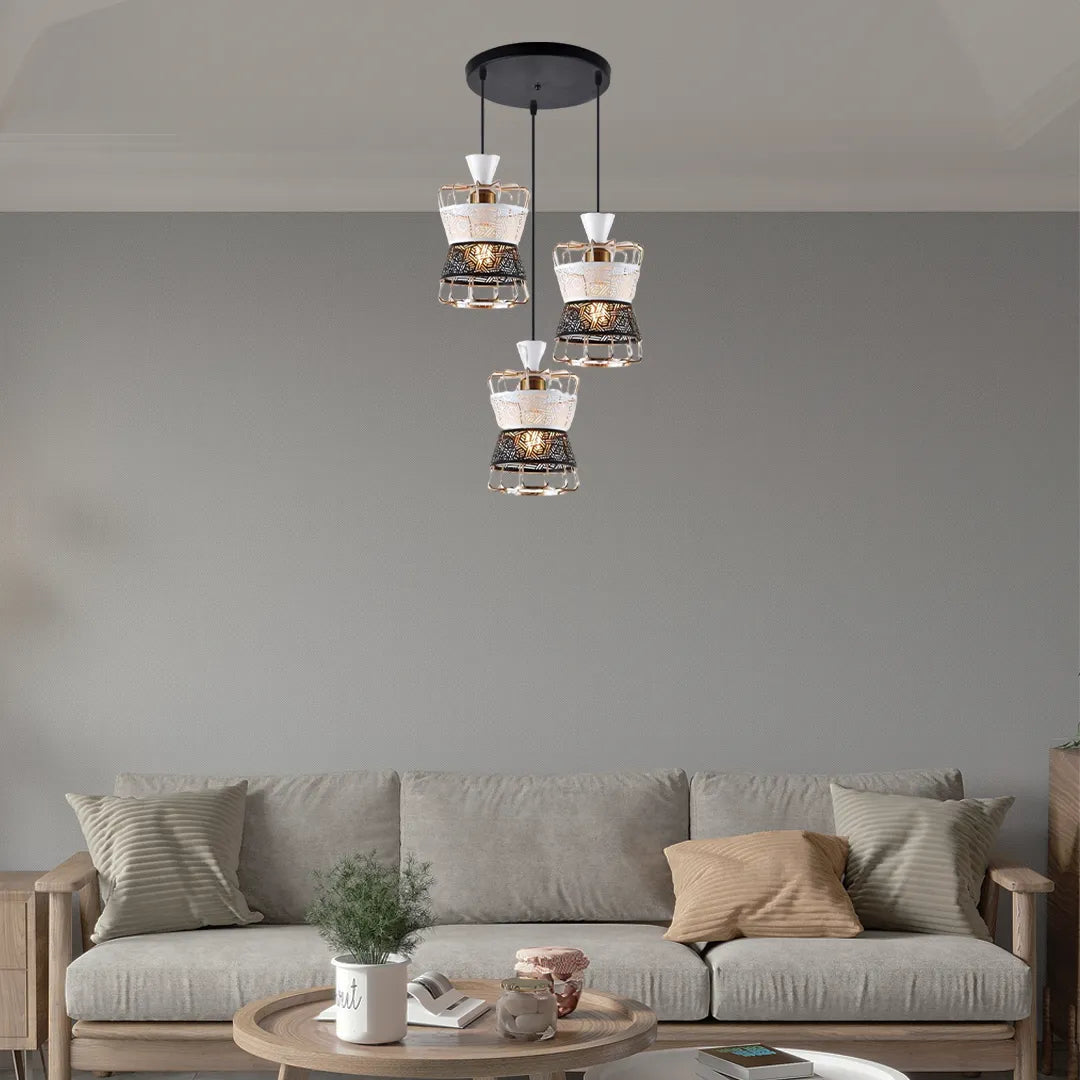 B&B Dual-Tone Carved Metal Triple Pendant Light – White & Black