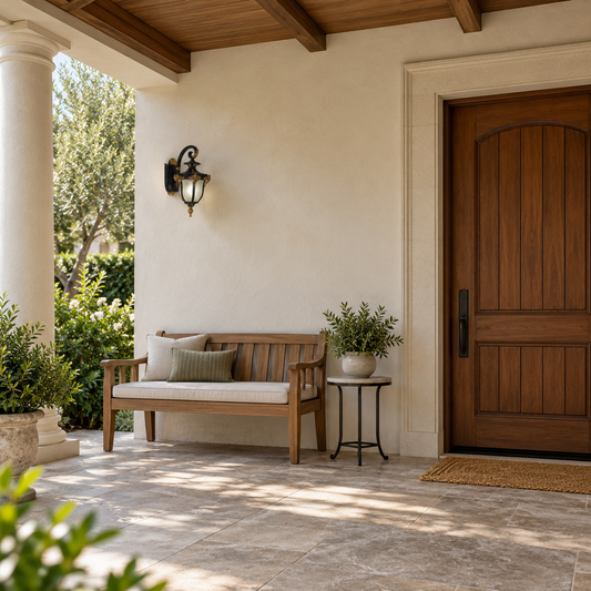 Gold-accent curved wall lantern in a covered entrance setting, styled illustration