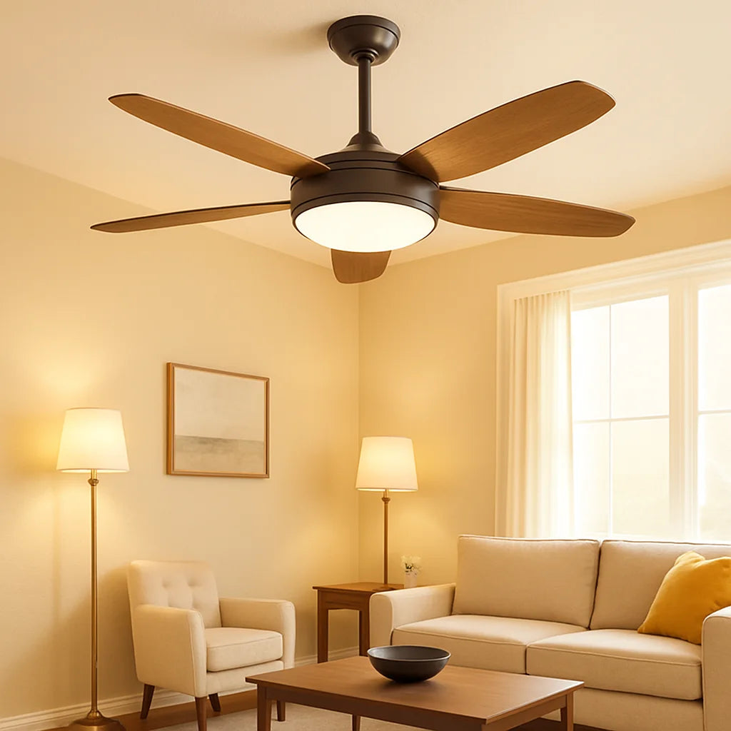 B&B Modern Wooden Blade Ceiling Fan with LED Light – 5 Blades, Remote Control