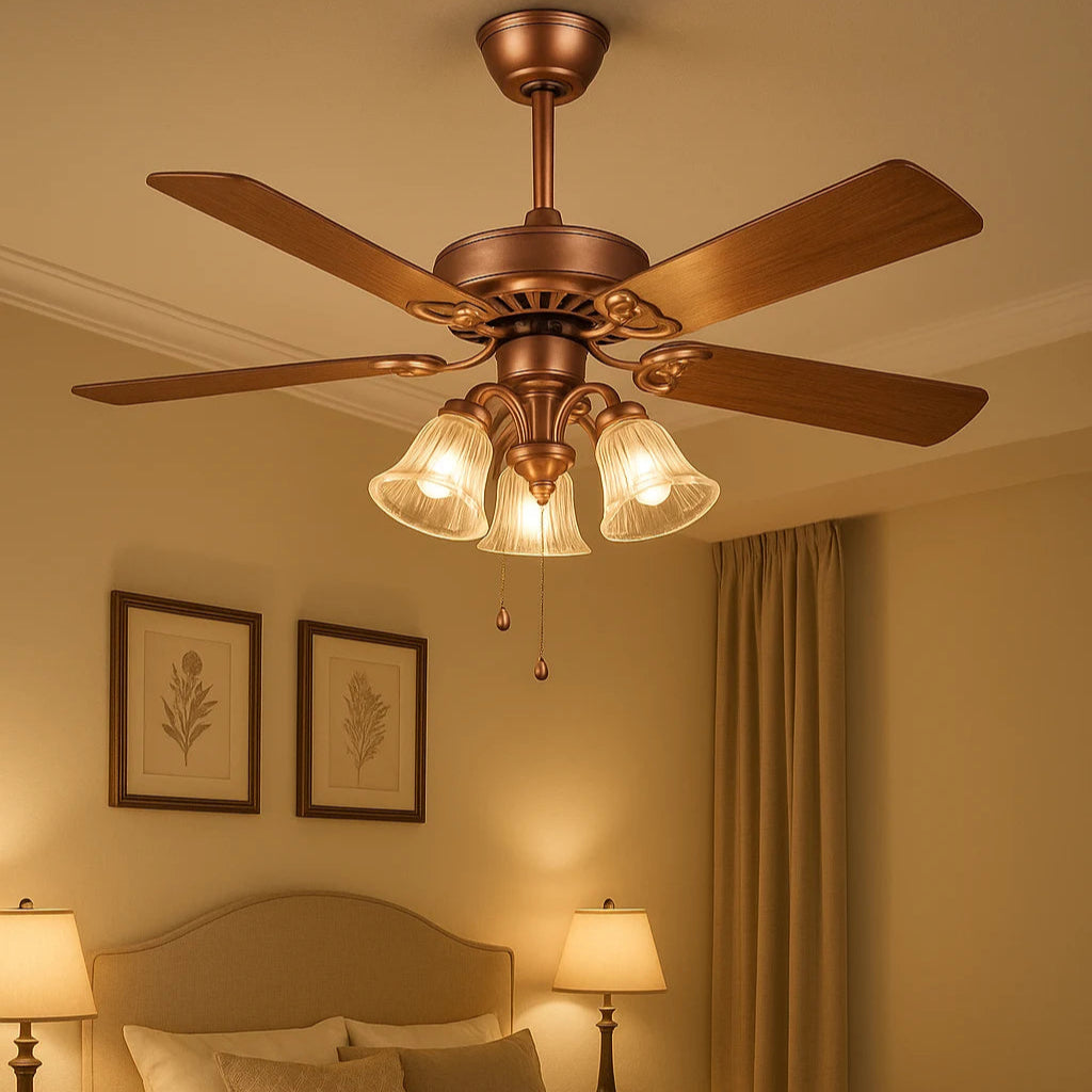 B&B Vintage Ceiling Fan with Light Kit – 5 Wooden Blades & Glass Shade Lamps