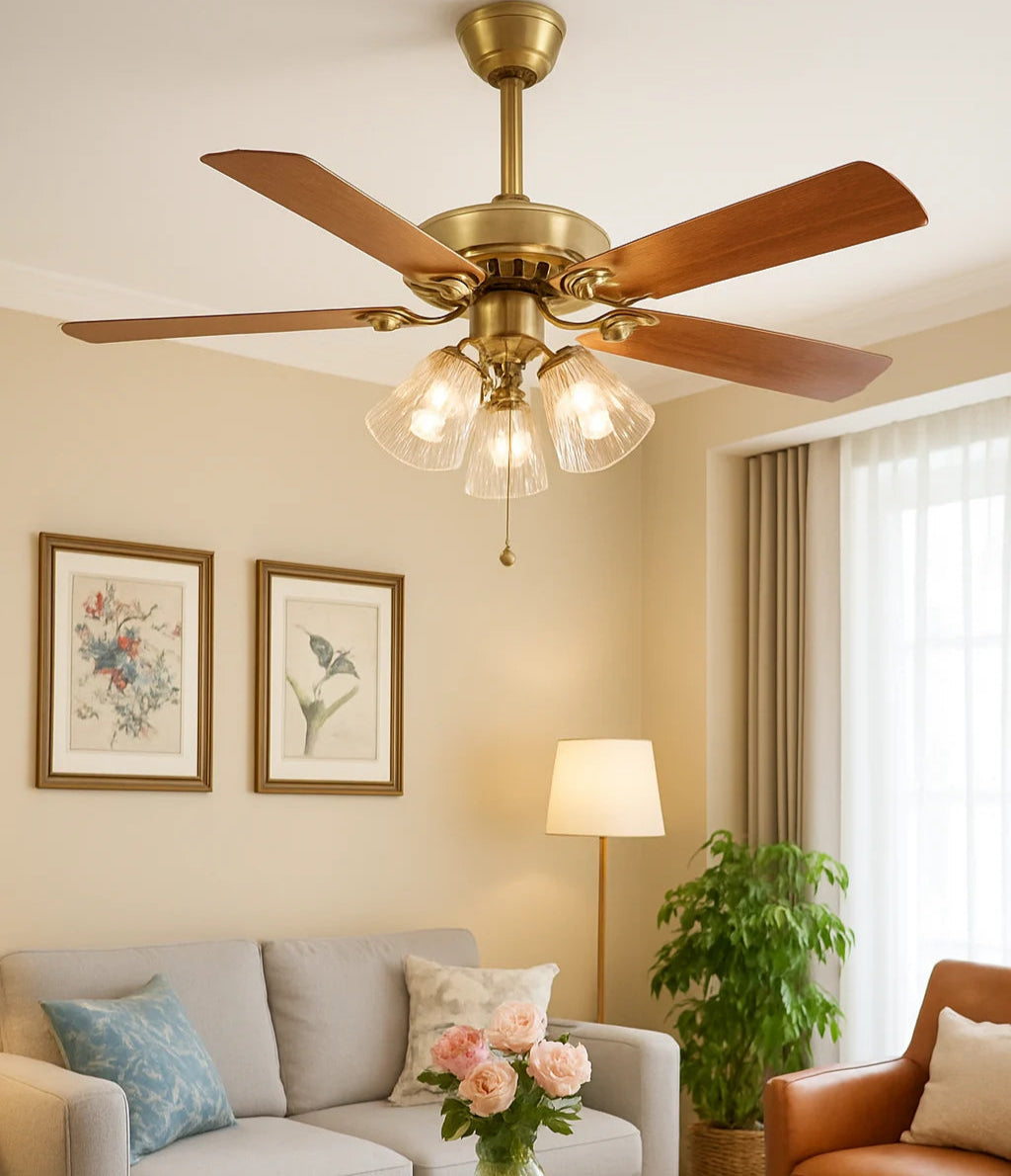 B&B Vintage Ceiling Fan with Light Kit – 5 Wooden Blades & Glass Shade Lamps
