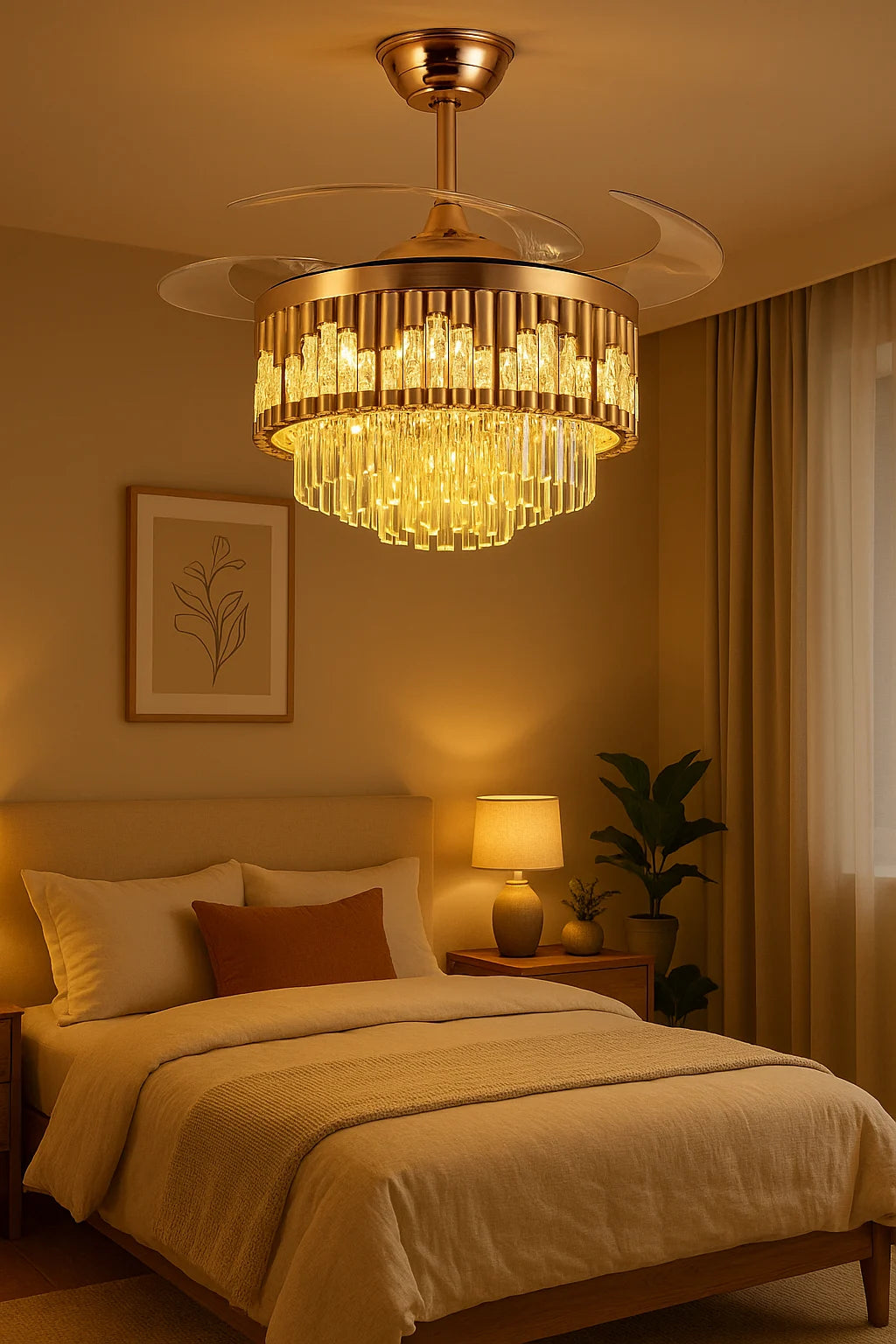 B&B Glass Crystal Ceiling Fan with LED Light – Retractable Blades