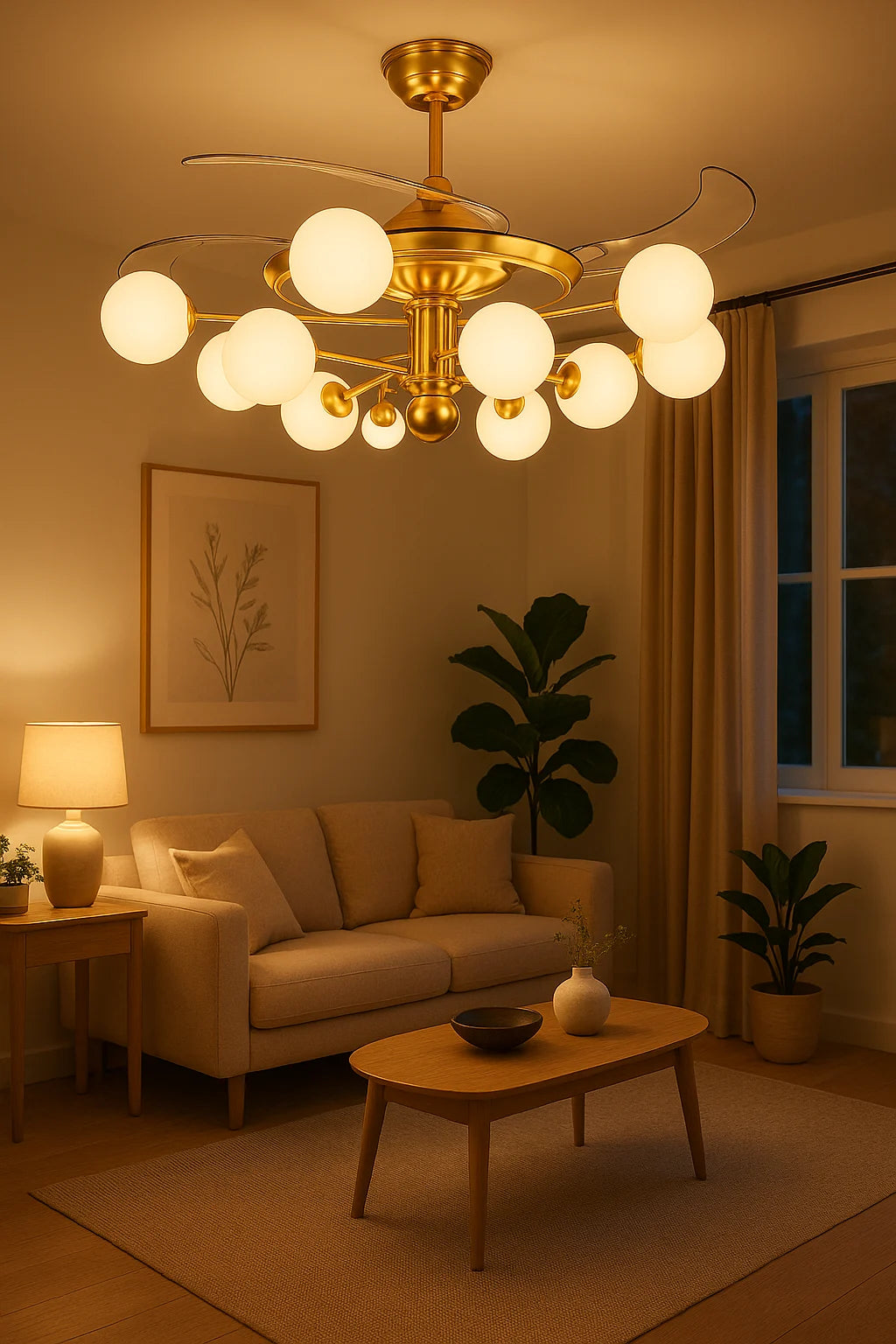 B&B Luxury Golden LED Ceiling Fan with Globe Lights