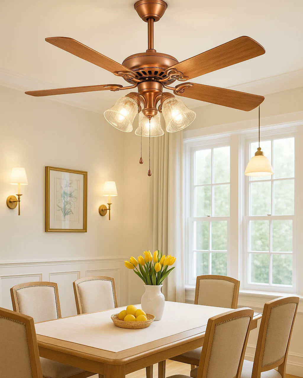 B&B Vintage Ceiling Fan with Light Kit – 5 Wooden Blades & Glass Shade Lamps