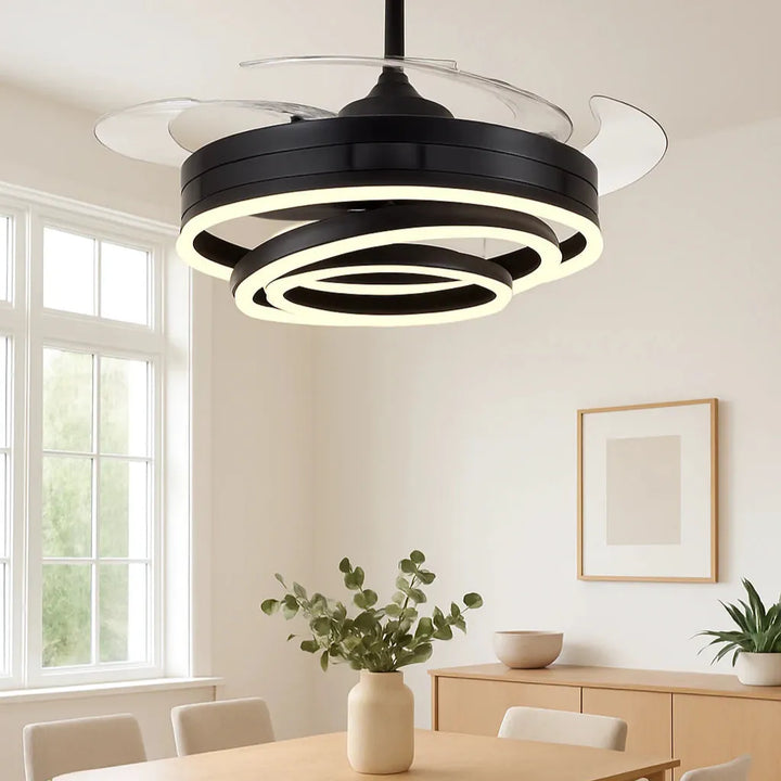 Black ring-light retractable-blade ceiling fan in a dining room