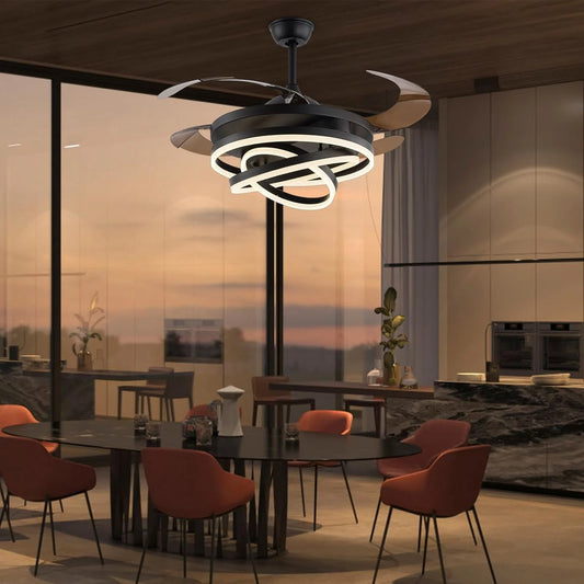 Black ring-light retractable-blade ceiling fan above a dining area