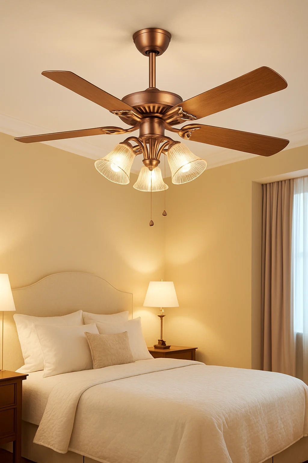 B&B Vintage Ceiling Fan with Light Kit – 5 Wooden Blades & Glass Shade Lamps