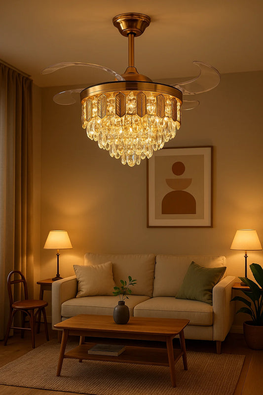 Crystal-drop retractable-blade fan chandelier in a living room