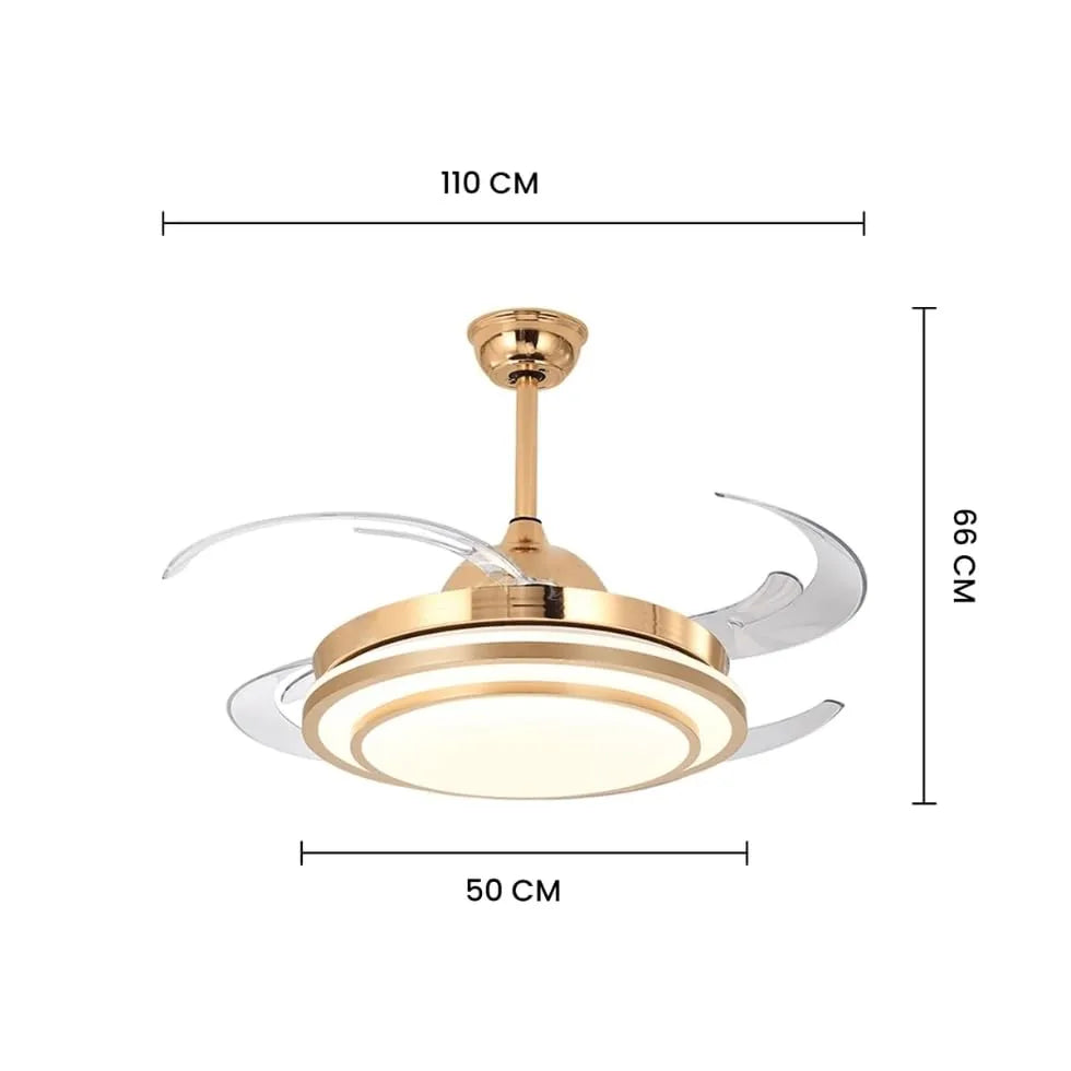 Celestia Breeze Golden LED Fan – Retractable Blades & Dimmable Light
