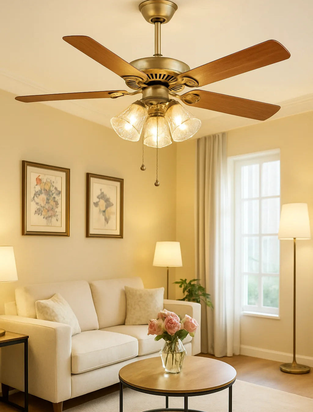 B&B Vintage Ceiling Fan with Light Kit – 5 Wooden Blades & Glass Shade Lamps
