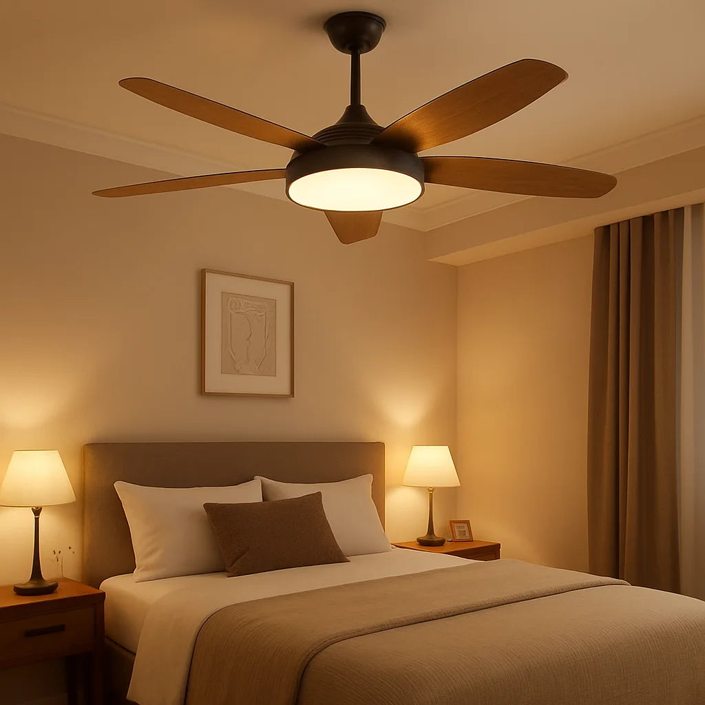 B&B Modern Wooden Blade Ceiling Fan with LED Light – 5 Blades, Remote Control