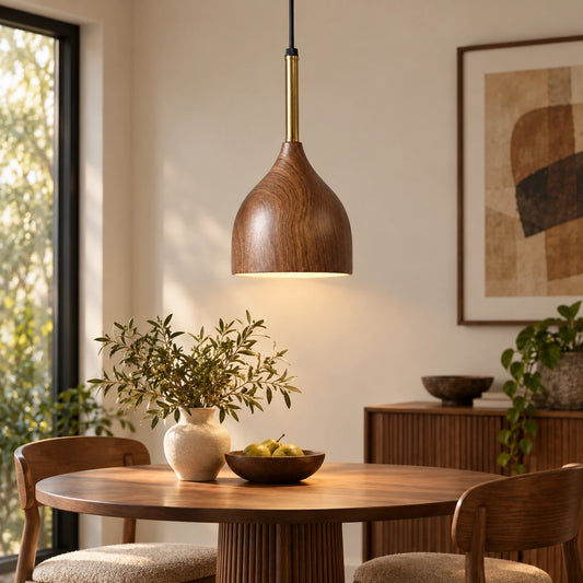 Wood-grain teardrop pendant above a dining table