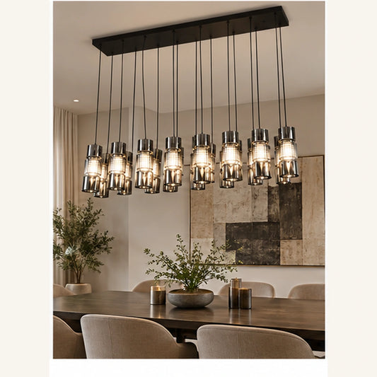 Black smoke cluster pendant above a dining table