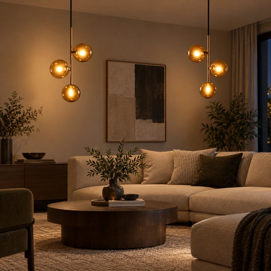 Set of two three-globe pendants in a contemporary living room