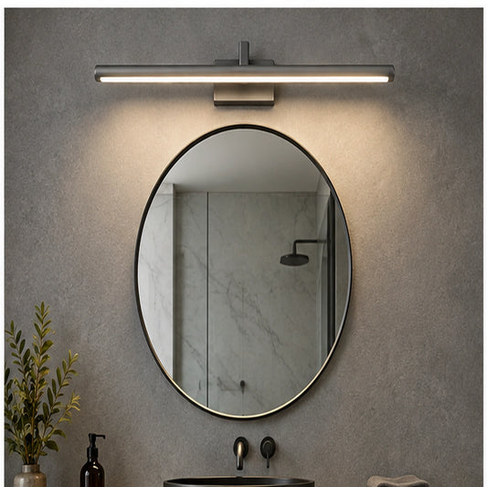 Gray slim linear mirror light above a round bathroom mirror