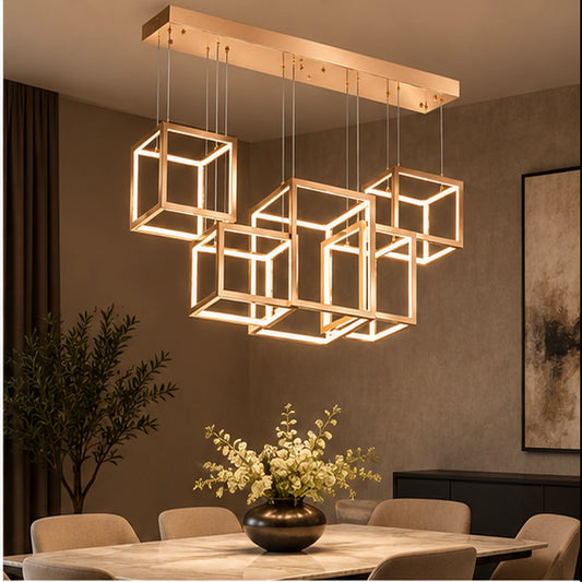 Six-cube linear pendant above a dining table
