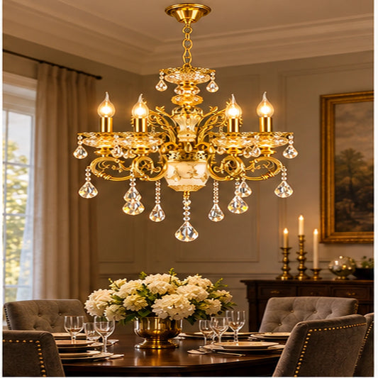 Antique gold six-arm crystal chandelier above a dining table
