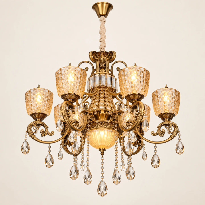Amber crystal six-light chandelier on a warm studio background