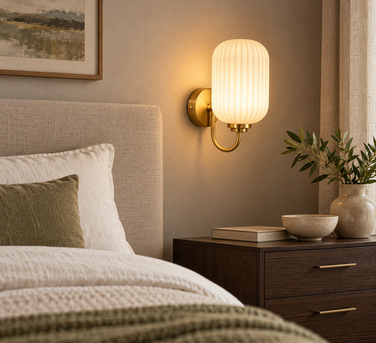 Ribbed capsule wall light shown beside an upholstered headboard and oak bedside chest