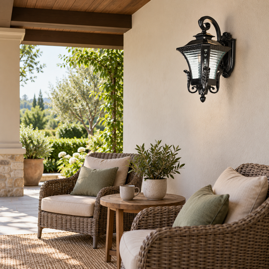 Dark tapered scroll-arm wall lantern above woven chairs and a small table in a covered veranda
