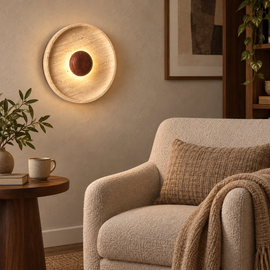 Travis Curv wall lamp beside a reading chair — illustrative scene, not a measured installation