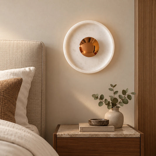 Generated room scene illustrating White / Rose Gold Orbis Curv wall light placement