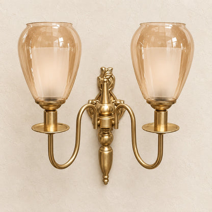 Bliss & Birch Twin Amber Tulip-Shade Wall Sconce - Full two-arm sconce, each shade with amber outer glass and frosted inner glass - styled from supplied real product photo
