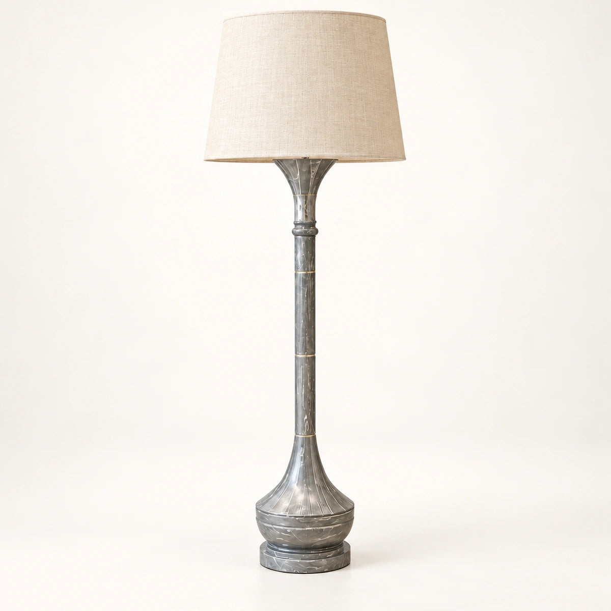 Grey marble-effect column floor lamp with cream tapered shade - hero