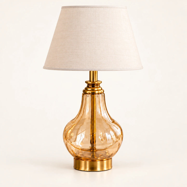 Amber Glass & Gold Table Lamp with Cream Shade