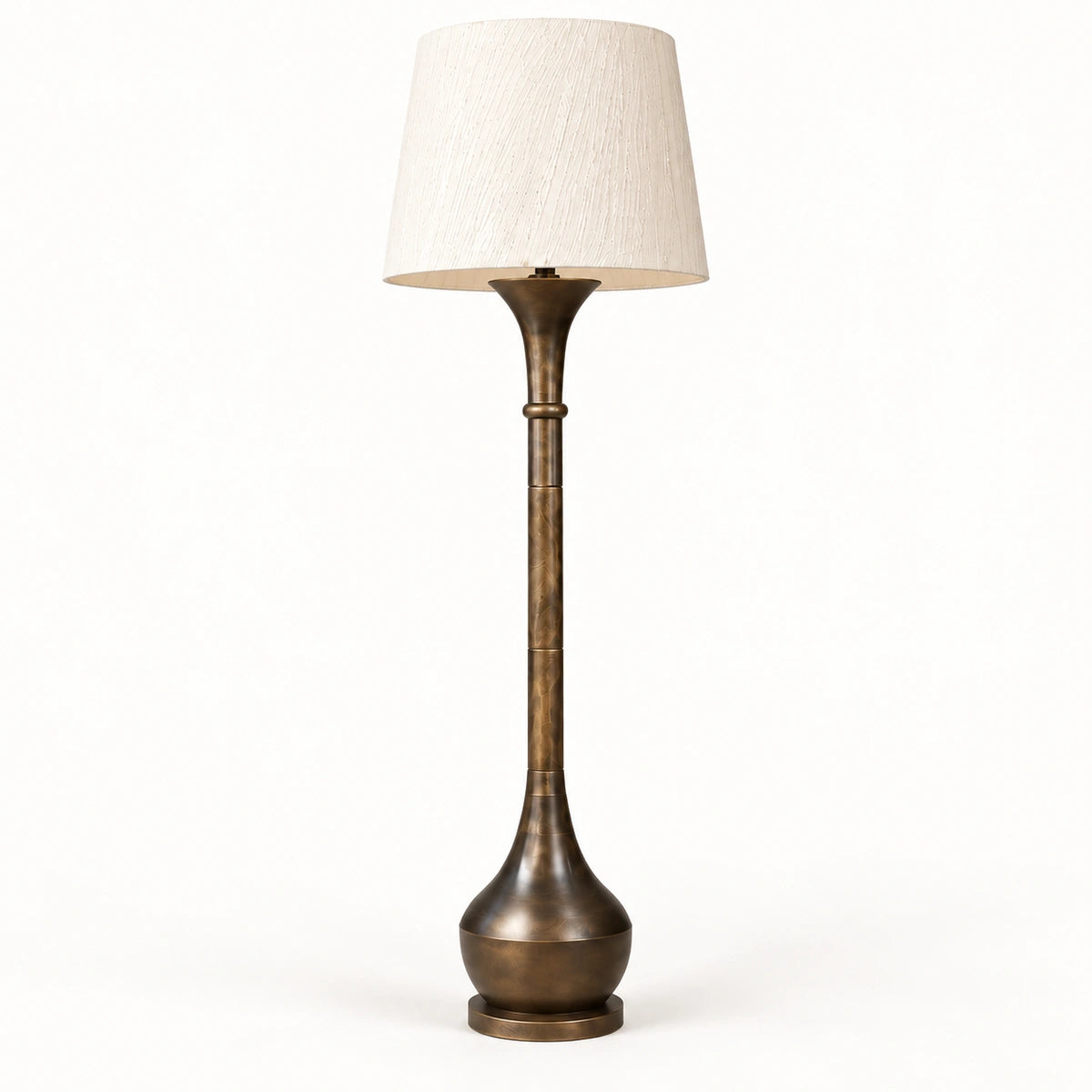 Antique-bronze column floor lamp with ivory tapered shade - hero