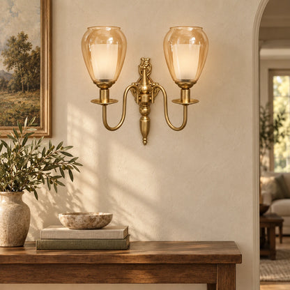 Bliss & Birch Twin Amber Tulip-Shade Wall Sconce - Wall-mounted living room scene, two nested-glass shades - styled from supplied real product photo