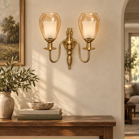 Bliss & Birch Twin Amber Tulip-Shade Wall Sconce - Wall-mounted living room scene, two nested-glass shades - styled from supplied real product photo