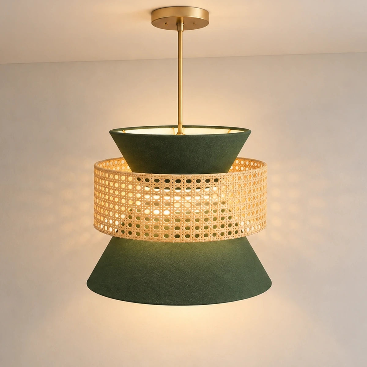 Forest-green cane hourglass pendant beside a landscaped garden path