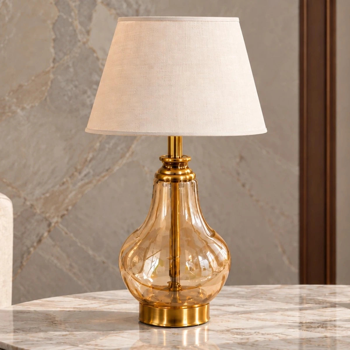 Amber glass table lamp in a living-room setting