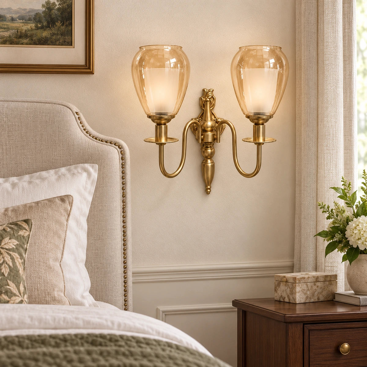 Bliss & Birch Twin Amber Tulip-Shade Wall Sconce - Wall-mounted bedroom scene, two nested-glass shades - styled from supplied real product photo