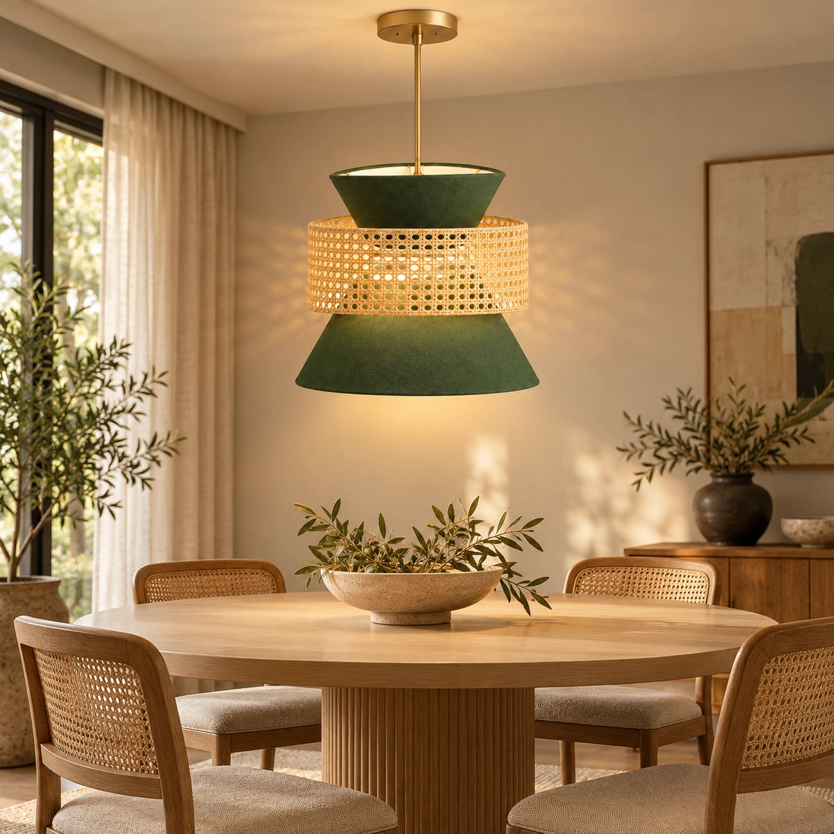 Forest-green cane hourglass pendant illuminated at a villa entrance