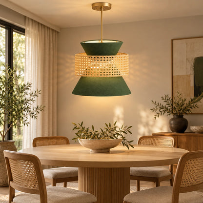 Forest-green cane hourglass pendant illuminated at a villa entrance