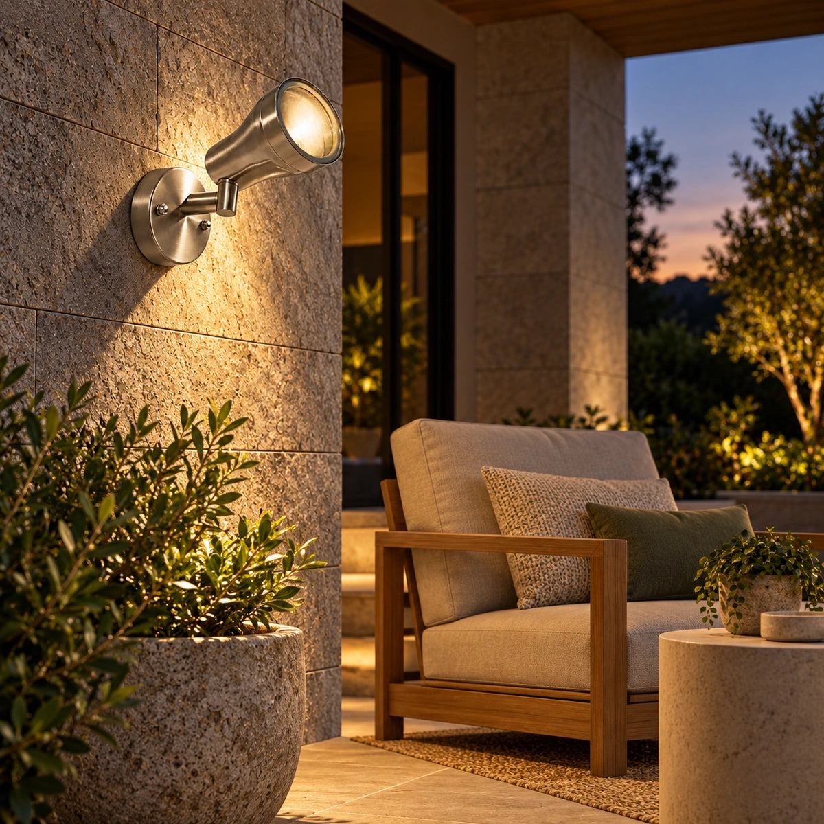 Adjustable wall spotlight illuminating a covered patio